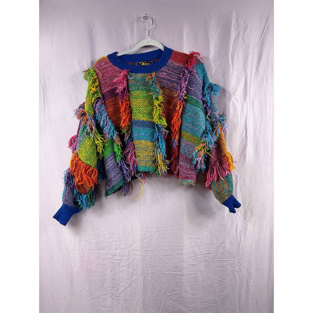 Vintage 20 Ans by Marea Kim Rainbow Fringe Knit Sweater Large Multi Color Crop